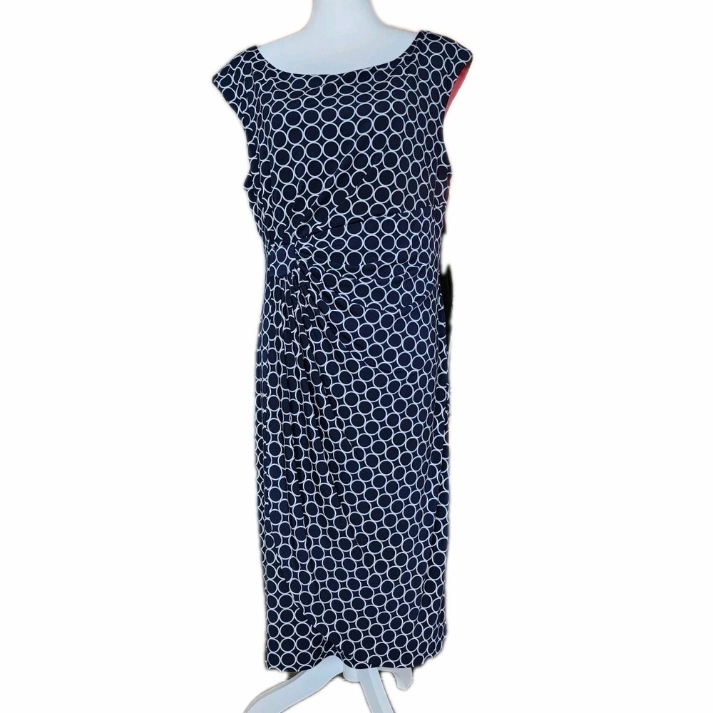 Dressbarn Dress Womens 16 Navy White Circle Faux Wrap Stretch Career Casual Work